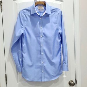 Hawes and Curtis Men's Non Iron, Blue/White Dogtooth Fitted Slim Shirt,Size 14.5